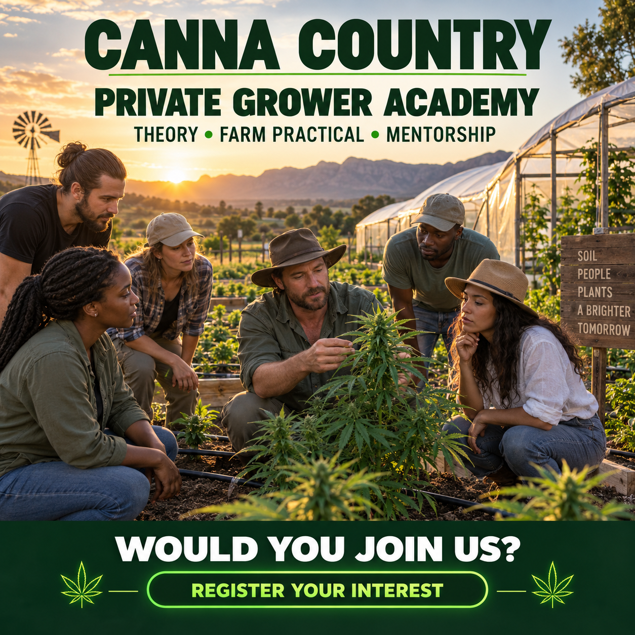 Canna Country Private Grower Academy participants learning together around a cannabis plant on a farm at sunrise